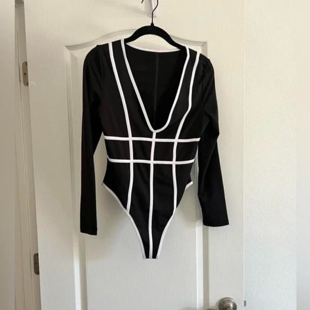 Black Long Sleeve Striped Body Suit SZ S